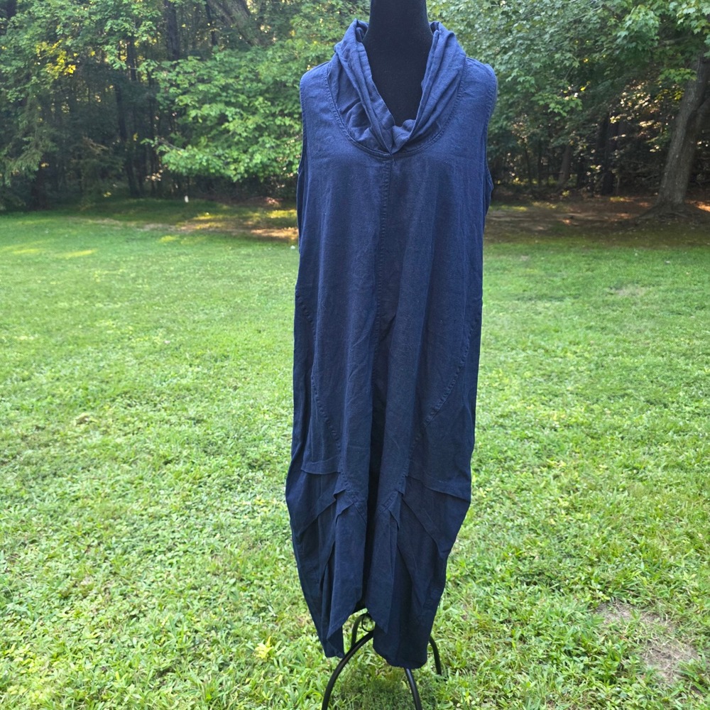 FOR CYNTHIA Women's M Navy Linen Cowl Neck Midi Cocoon Dress Lagenlook